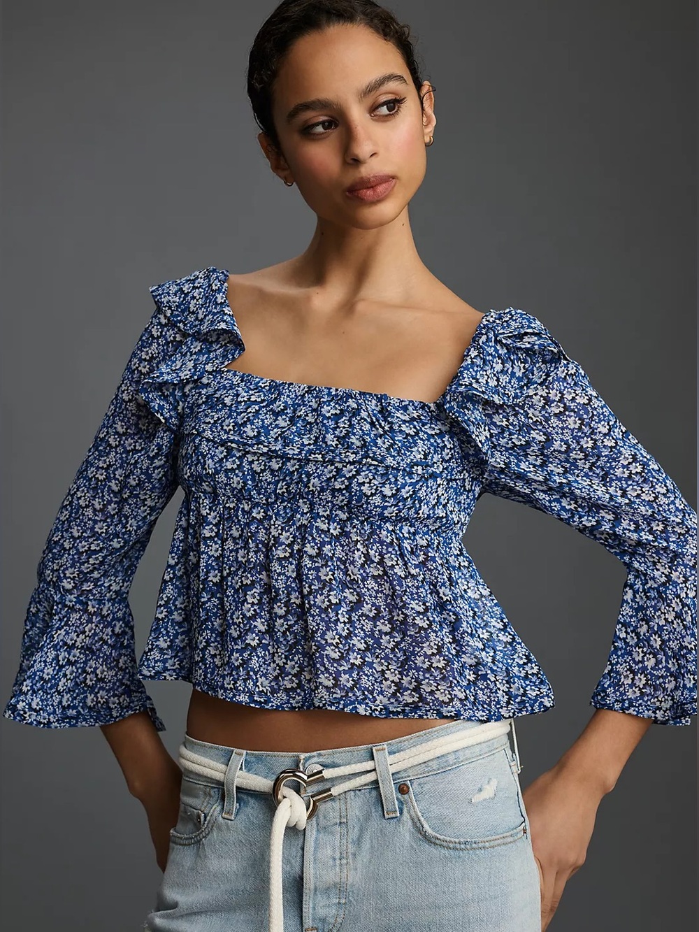 Anthropologie Maeve Blue Floral Ruffle Peplum Tie Back Top | Small